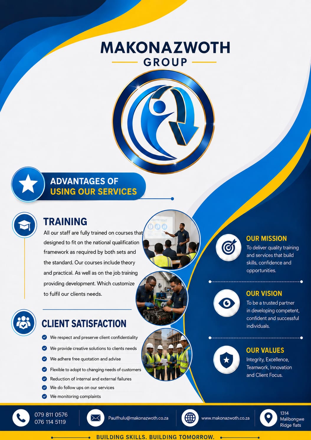 Advantages of Using Our Services - Training, Client Satisfaction, Mission, Vision, Values